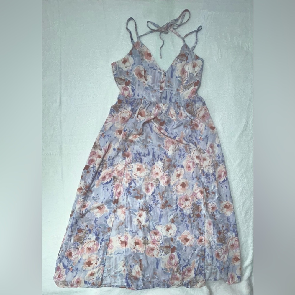 Lavender Pink Floral dress w Cutout Midi flowy summer Dress dual front leg slits